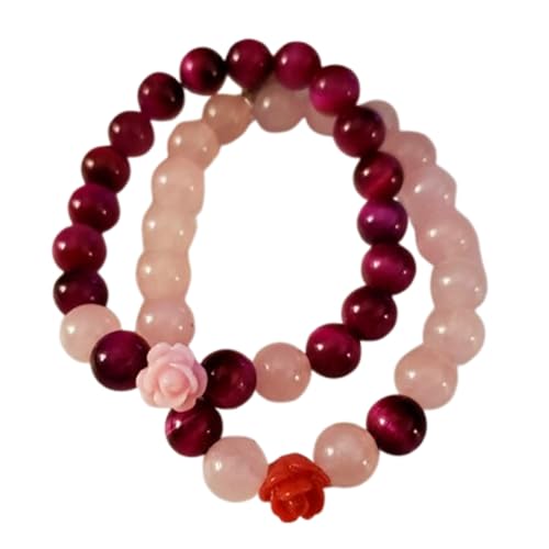 Rotes Tigerauge und Rosenquarz, 8 mm, runde, glatte Perlen, Liebes- und Freundschafts-Kombi-Armband-Set für Fernbeziehungen – Paarbeziehung, 6,5 Zoll, dehnbares Armband-Set | FIZA_CPL_257_6.5 von Gems_Hub