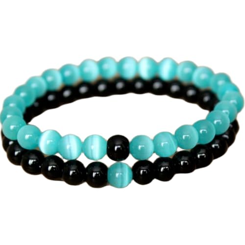 Schwarzer Onyx und blaues Katzenauge, 8 mm, runde, glatte Perlen, Liebes- und Freundschafts-Kombi-Armband-Set für Fernbeziehungen – Paarbeziehung, 15,2 cm, dehnbares Armband-Set | FIZA_CPL_063_6 von Gems_Hub