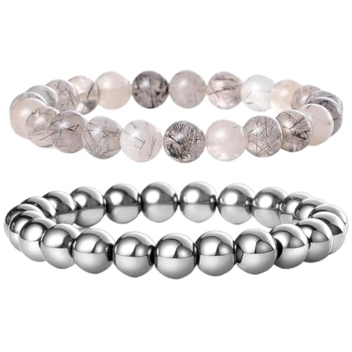 Schwarzer Rutilquarz und Hämatit, 10 mm, runde, glatte Perlen, Liebes- und Freundschafts-Kombi-Armband-Set für Fernbeziehungen – Paarbeziehung, 17,8 cm, dehnbares Armband-Set | FIZA_CPL_092_7 von Gems_Hub