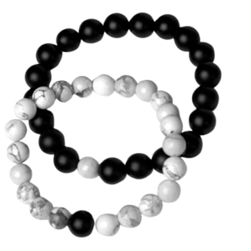 Schwarzer matter Onyx und Howlith, 8 mm, runde, glatte Perlen, Liebes- und Freundschafts-Kombi-Armband-Set für Fernbeziehungen – Paarbeziehung, 7,5 Zoll, dehnbares Armband-Set | FIZA_CPL_048_7.5 von Gems_Hub