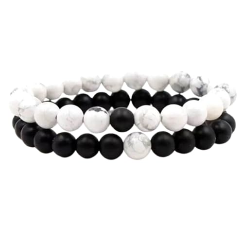 Schwarzer matter Onyx & weißer Howlith, 8 mm, runde, glatte Perlen, Liebes- und Freundschafts-Kombi-Armband-Set für Fernbeziehungen – Paarbeziehung, 20 cm, dehnbares Armband-Set | FIZA_CPL_051_8 Schwarzer matter Onyx & weißer Howlith, 8 mm, runde, glatte Perlen, Liebes- und Freundschafts-Kombi-Armband-Set für Fernbeziehungen – Paarbeziehung, 20 cm, dehnbares Armband-Set | FIZA_CPL_051_8 von Gems_Hub