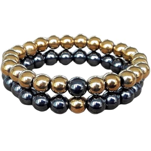 Schwarzes Hämatit und goldenes Hämatit, 8 mm, runde, glatte Perlen, Liebes- und Freundschafts-Kombi-Armband-Set für Fernbeziehungen – Paarbeziehung, 17,8 cm, dehnbares Armband-Set | FIZA_CPL_033_7 von Gems_Hub