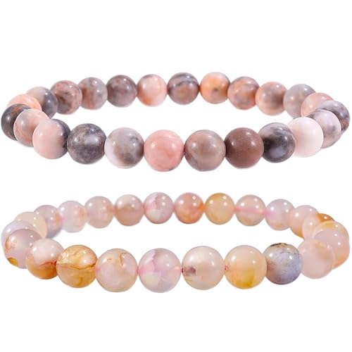 Zebra-Jaspis und Kirschblüten-Achat, 8 mm, runde, glatte Perlen, Liebes- und Freundschafts-Kombi-Armband-Set für Fernbeziehungen – Paarbeziehung, 20 cm, dehnbares Armband-Set | FIZA_CPL_323_8 von Gems_Hub