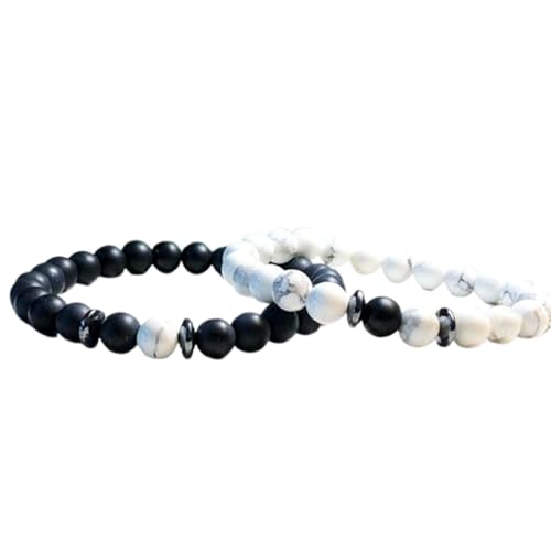 mattschwarzer Onyx und Howlith, 8 mm, runde, glatte Perlen, Liebes- und Freundschafts-Kombi-Armband-Set für Fernbeziehungen – Paarbeziehung, 7,5 Zoll, dehnbares Armband-Set | FIZA_CPL_200_7.5 von Gems_Hub