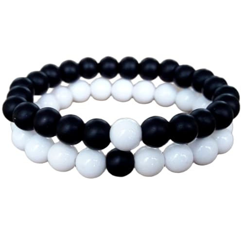 mattschwarzer Schungit und weißer Achat, 8 mm, runde, glatte Perlen, Liebes- und Freundschafts-Kombi-Armband-Set für Fernbeziehungen – Paarbeziehung, 15 cm, dehnbares Armband-Set | FIZA_CPL_210_6 von Gems_Hub
