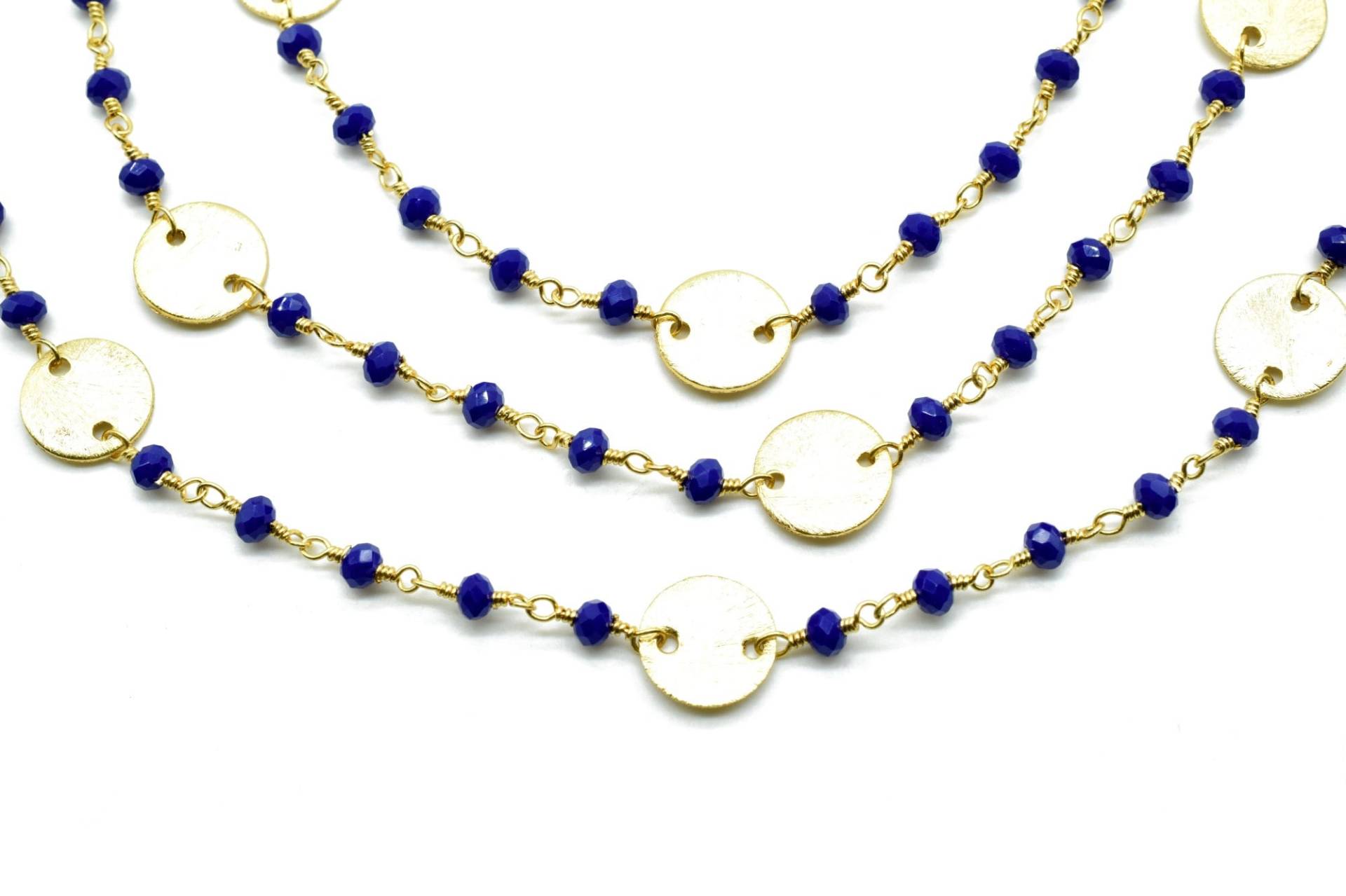 Blaue Saphir Perlen Kette 3mm-3, 5mm Rosenkranz Kette, Vergoldet Draht Gewickelt Charms Münze Charms, Blaue Farbkette von GemsCreationINC