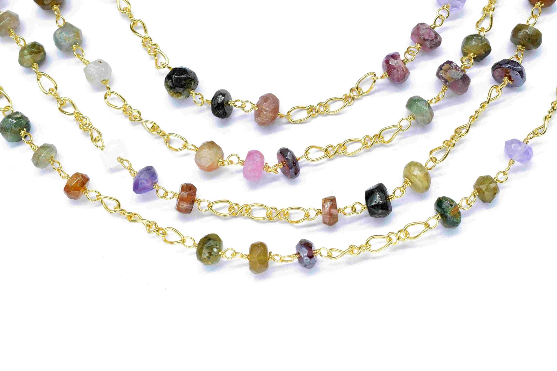 Multi Turmalin Rosenkranzkette, Draht Gewickelter Rosenkranz, Perlenkette, Natürliche Goldkette, Ketten von GemsCreationINC