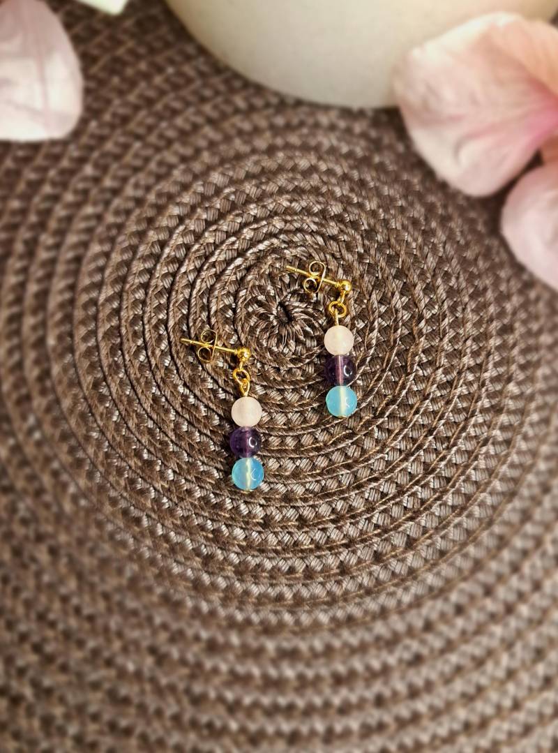 Dezente, Vergoldete Amethyst-Ohrringe Mit Bandachat Und Rosenquarz von GemsJewelsbyAnni