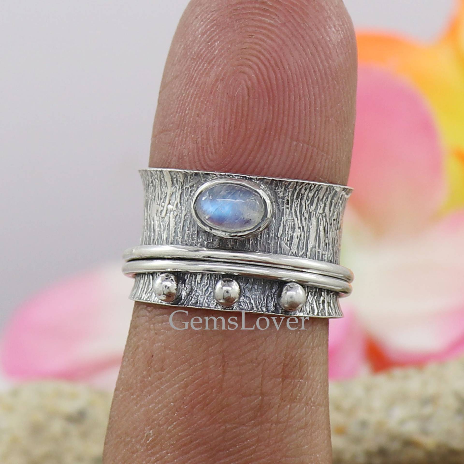 Regenbogen Mondstein Spinner Ring, 925 Sterling Silber Heilstein Frauen Geschenk Fidget Meditation Schmuck, Für Sie von GemsLoverArt