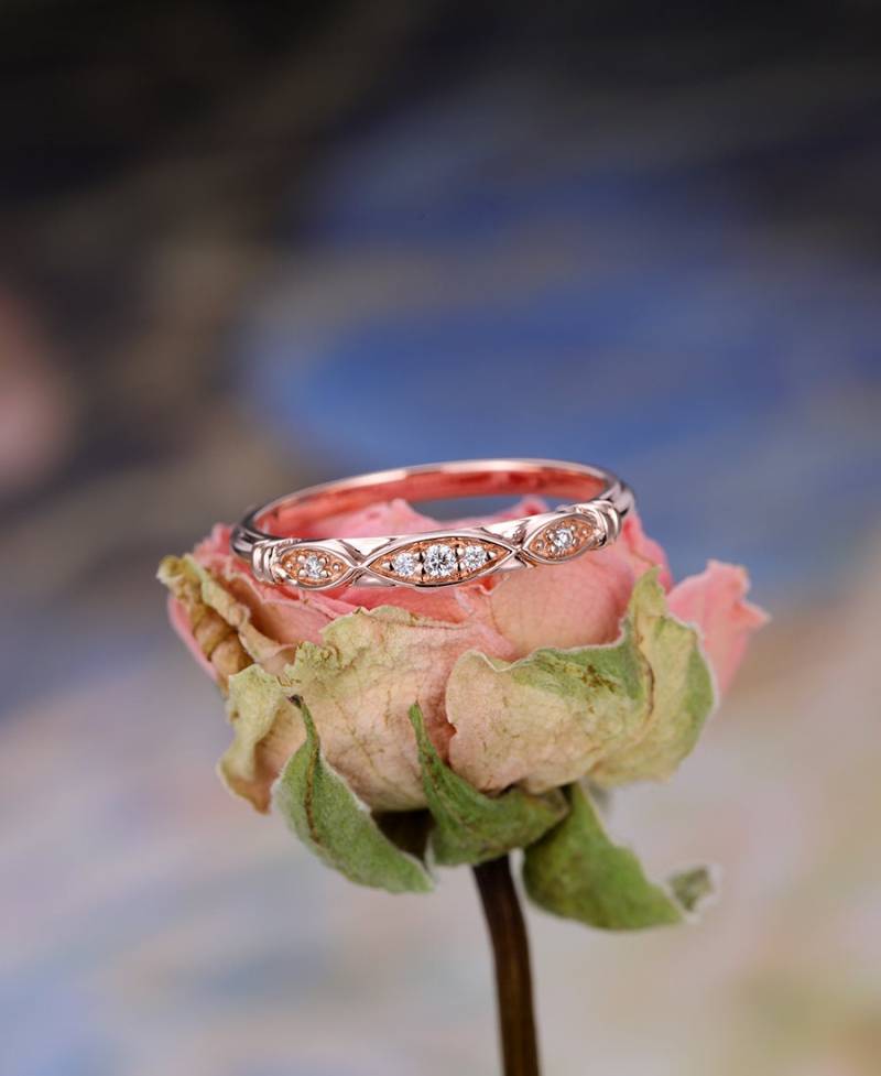 14K Rose Gold Diamant Ehering, Vintage Halb Eternity Brautring, Einzigartige Passende Versprechen Stapeln Jubiläum Ring Für Frauen von GemsOdes