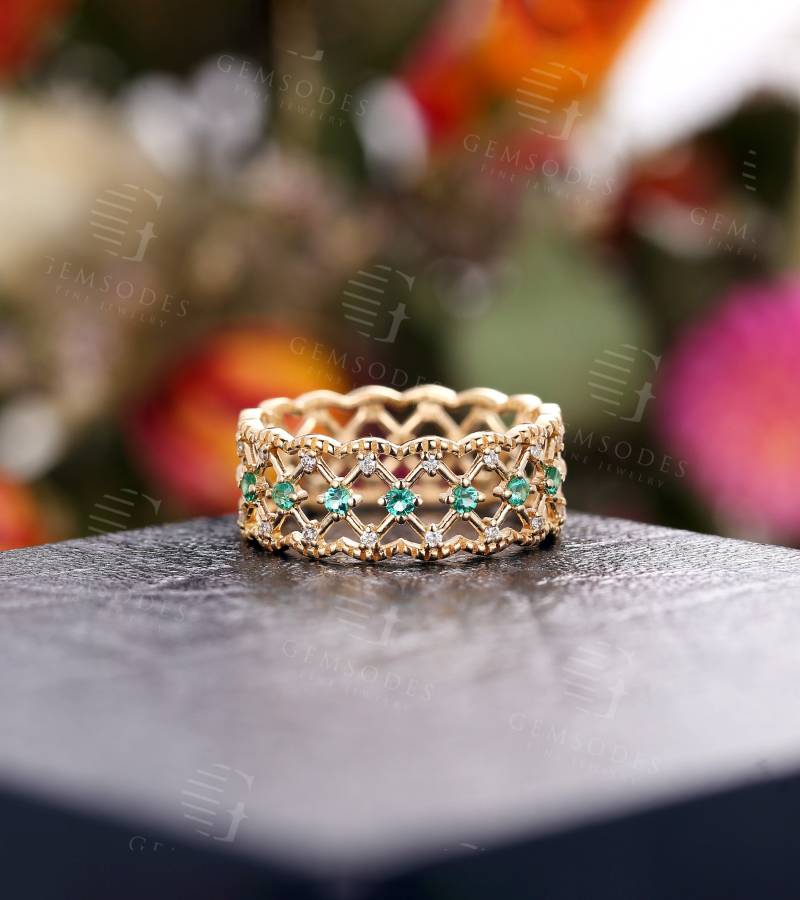 Art Deco Ehering Lab Smaragd Vintage Frauen Diamant Ring 14K Gold Einzigartige Antike Brautring Ewigkeit Jahrestag von GemsOdes