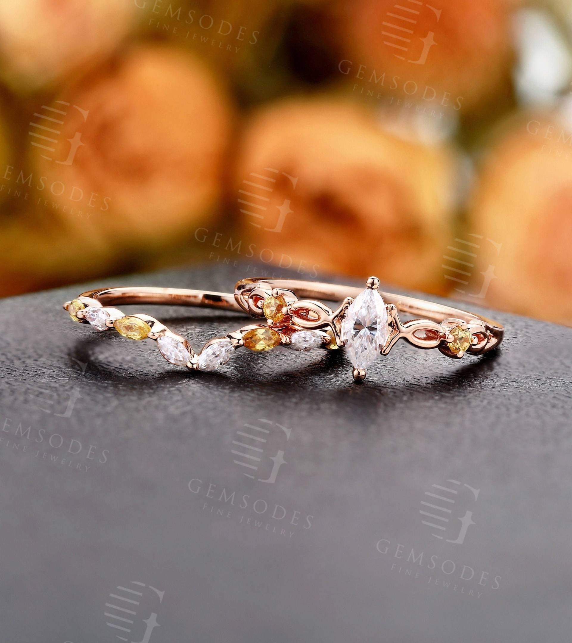 Art Deco Gelber Saphir Verlobungsring Set | Antikes Marquise Schliff Moissanit Hochzeit Vintage Braut Set Versprechen Jubiläumsring von GemsOdes