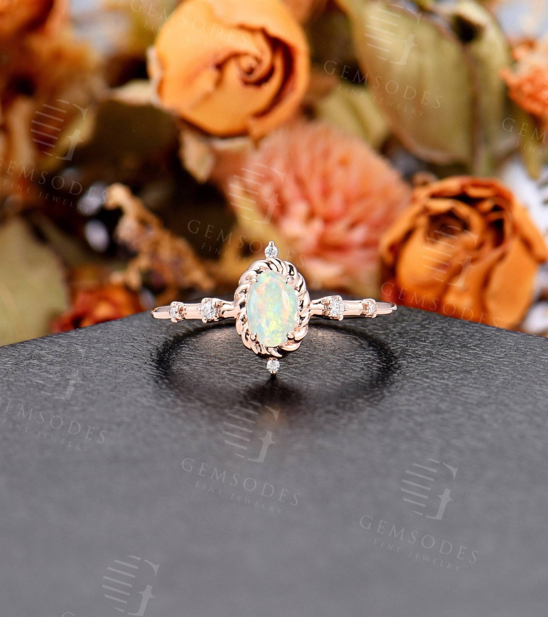Art Deco Opal Verlobungsring | Vintage Ovalschliff Rose Gold Ring Zierlicher Diamant/Moissanite Ehering Hochzeitstag Versprechen von GemsOdes