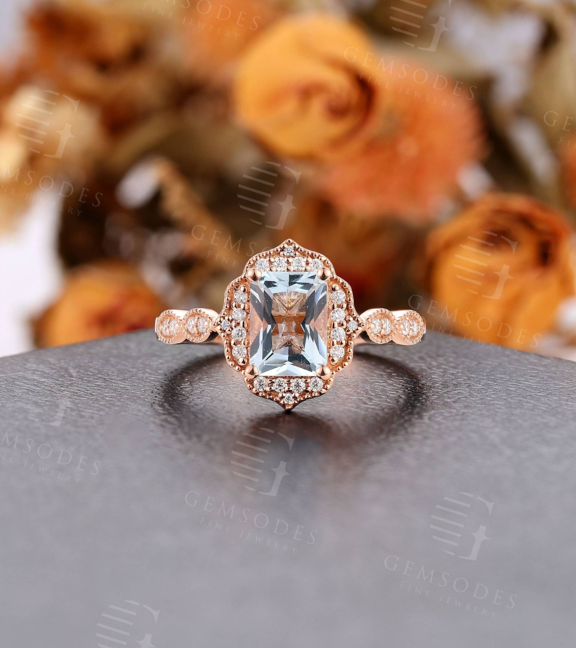 Art Deco Strahlend Schliff Aquamarin Verlobungsring | Antiker Rose Gold Ehering Vintage Brautring Versprechen Jahrestag Ring Für Frauen von GemsOdes