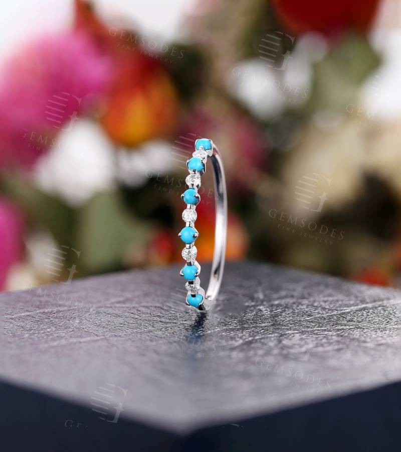 Einzigartige Moissanite Ehering Frauen Antik Schlicht Türkis Gravur Schmuck Art-Deco Passender Versprechen Ring Jubiläumsring von GemsOdes