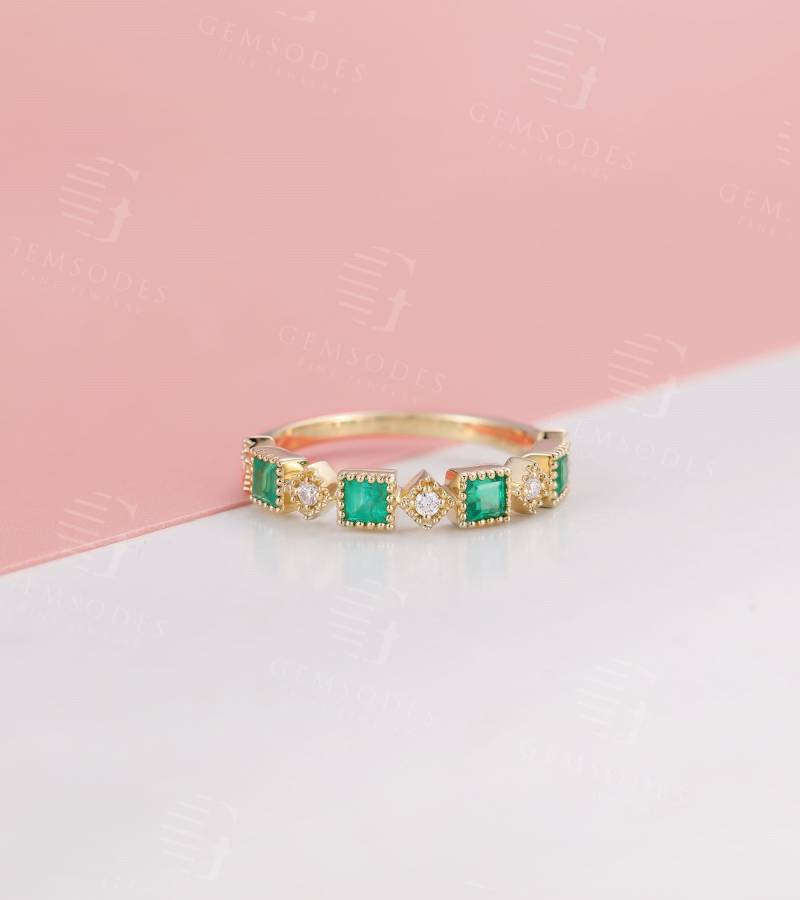 Labradorit Smaragd Ehering Frauen Diamant Facettiert 14K Gold Unikat Unikat Geburtstag Strack Antik Jahrestag von GemsOdes