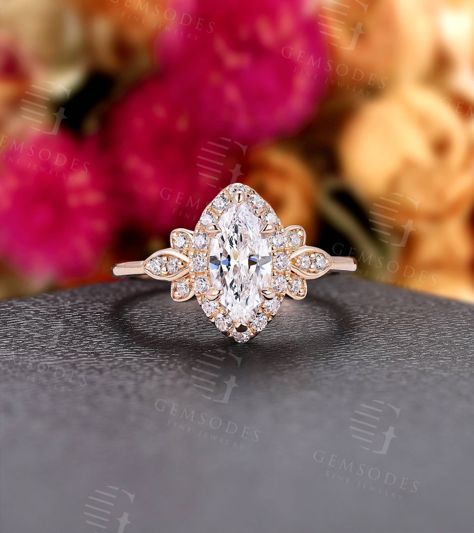 Marquise Schliff Moissanite Verlobungsring Rose Gold Halo Ring Runden Diamant Einzigartiger Cluster Weißgold Versprechen von GemsOdes