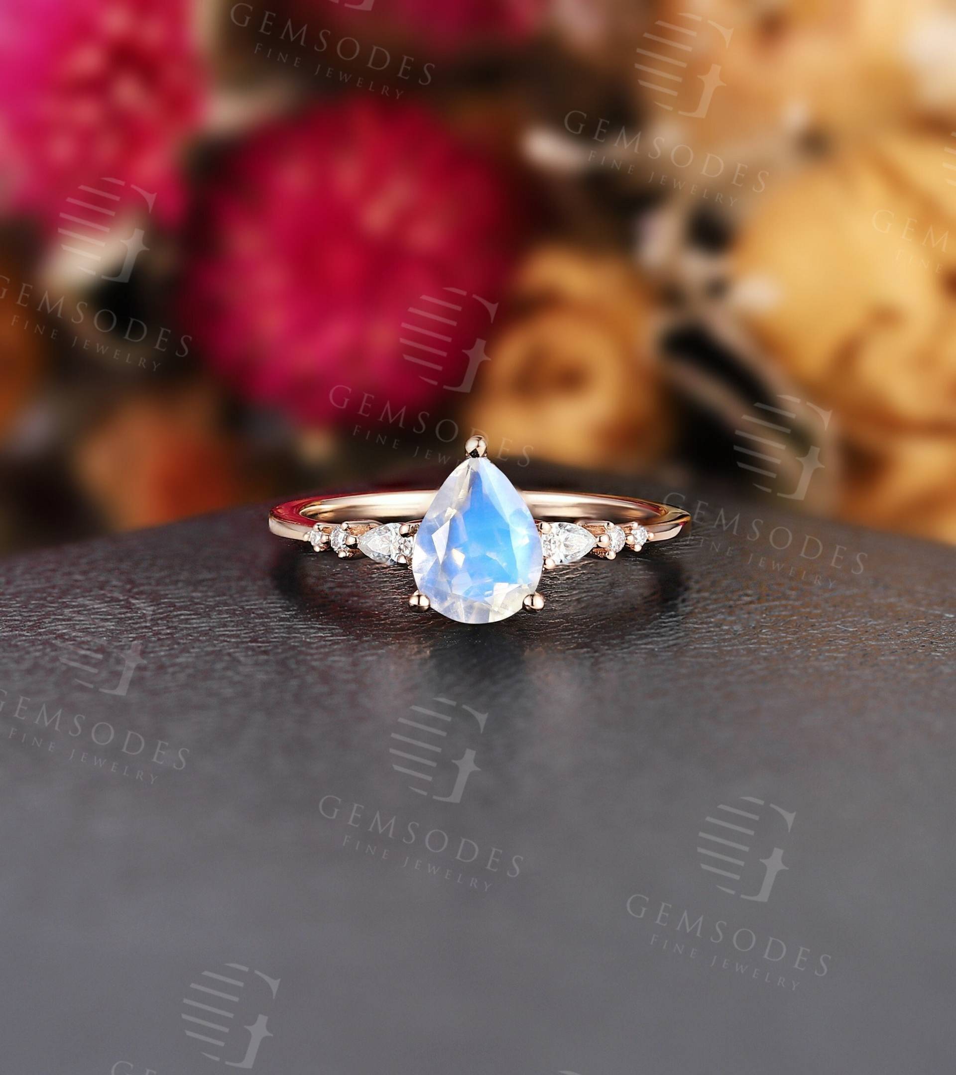 Mondstein Birne Verlobungsring Vintage Rose Gold Ring Antik Ehering Art Deco Moissanite Brautring Versprechen Jahrestag von GemsOdes