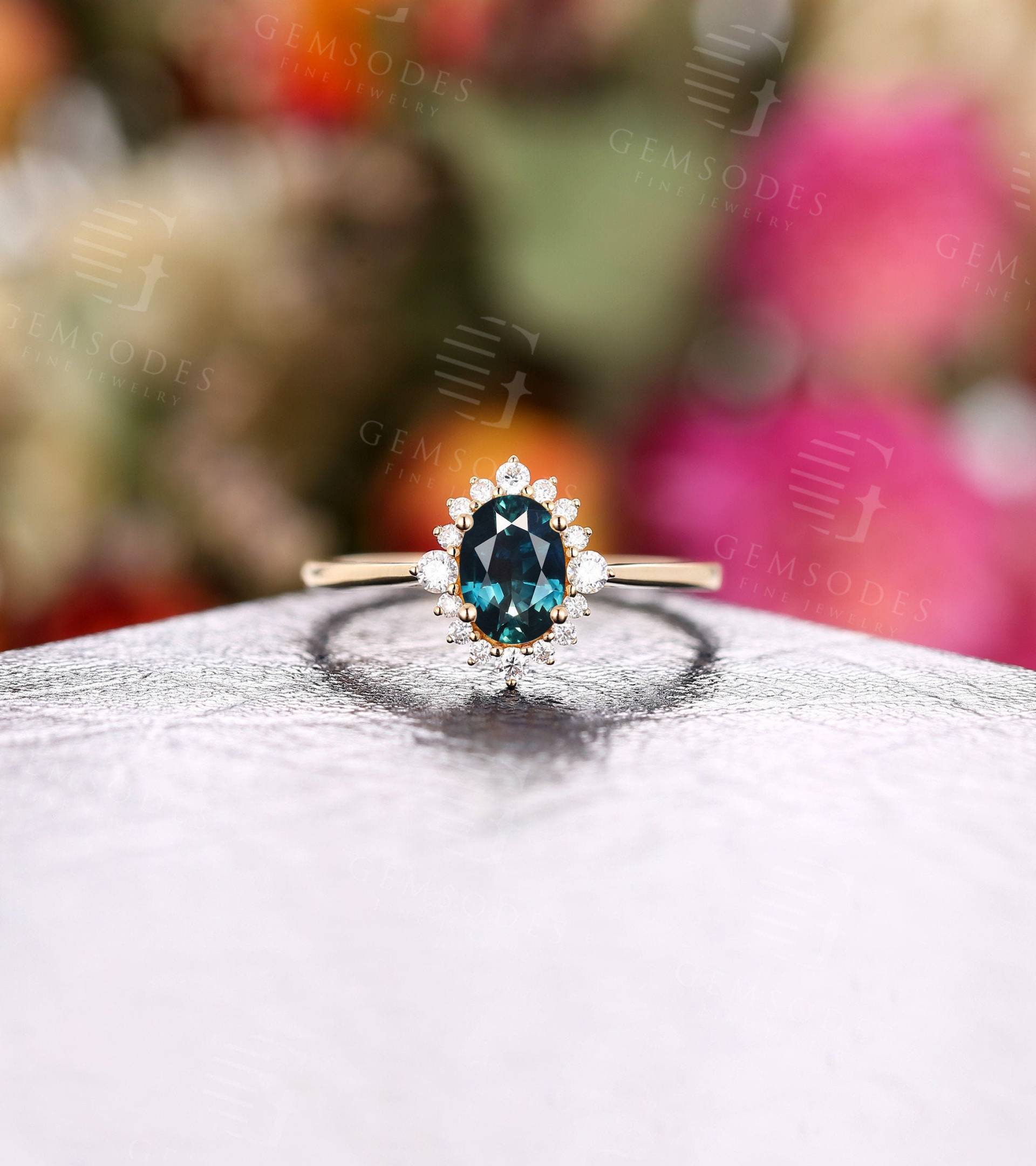 Petrol Saphir Verlobungsring Vintage Rosegold Ring Antik Blau Grün Natur Diamant Ehering Jahrestag Ringe von GemsOdes