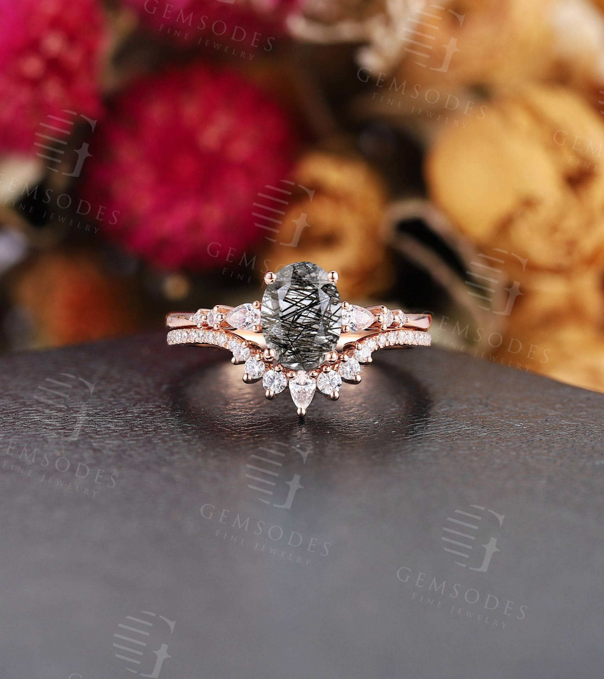 Schwarzer Rutilquarz Verlobungsring Set Vintage Ovalschliff Rose Gold Moissanit Diamant Braut Art Deco Geschwungen Hochzeit Jahrestag Ring von GemsOdes