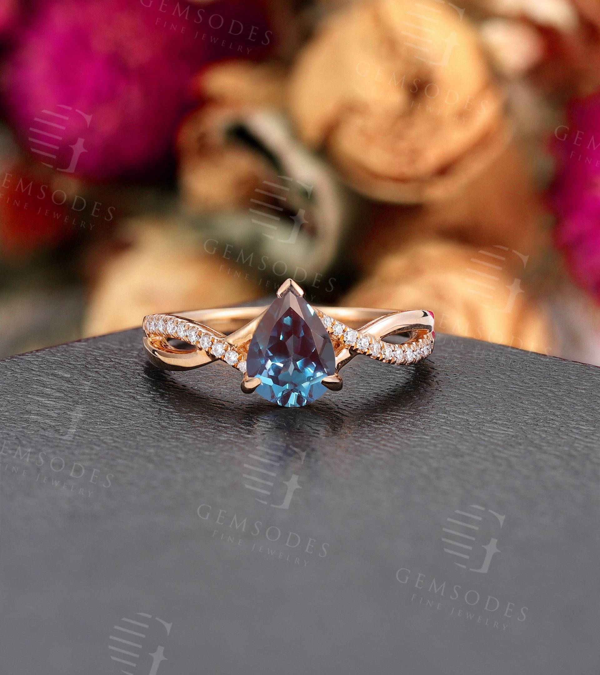 Vintage Alexandrit Verlobungsring, Einzigartige Rose Gold Ring Moissanite Twisted Ehering, Sind Deco Pear Cut Braut Versprechen Jahrestag von GemsOdes