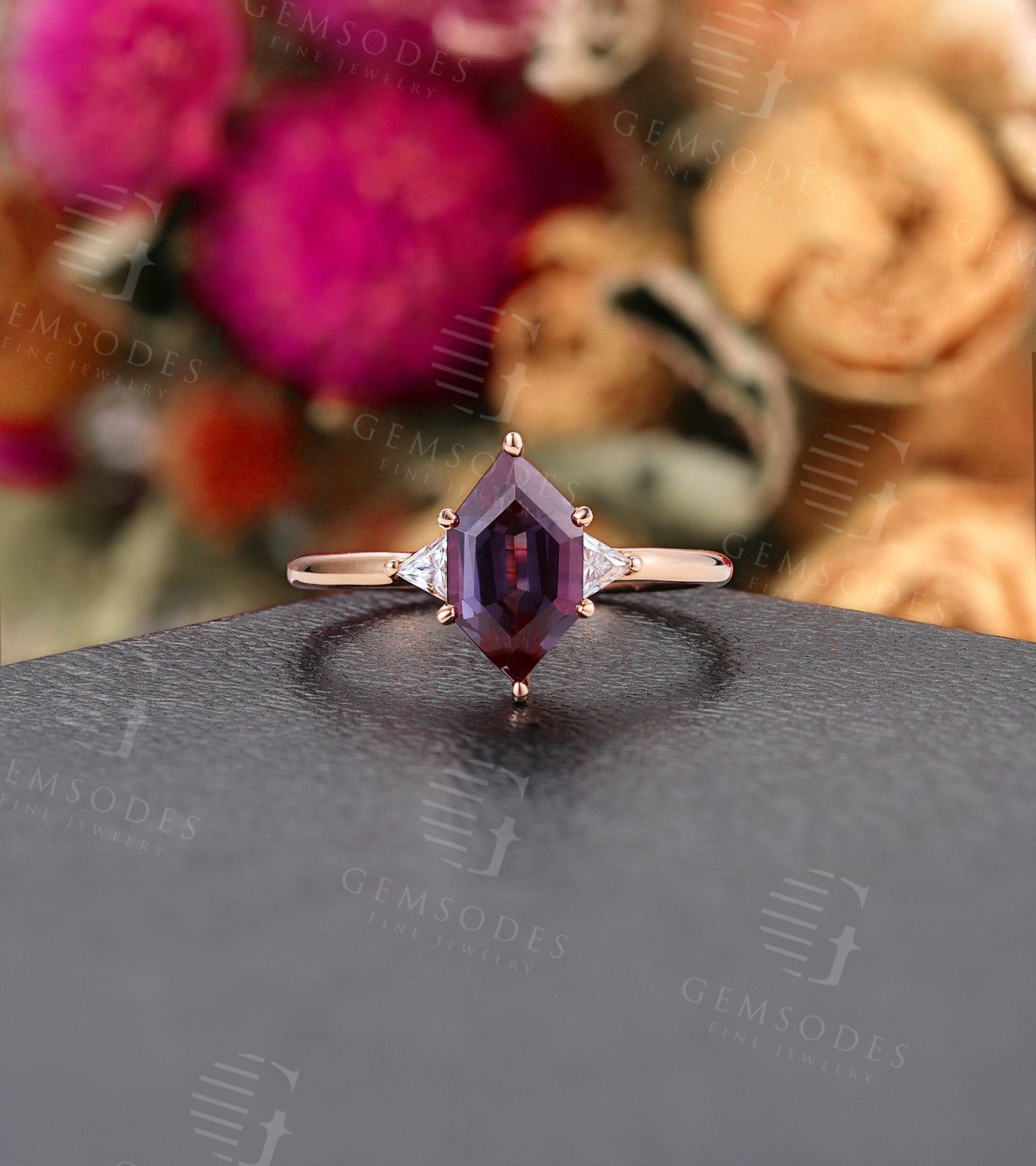 Vintage Alexandrit Verlobungsring Art Deco Ring Roségold Hexagon Ehering Unikat Moissanit Brautring Versprechen Jahrestag von GemsOdes