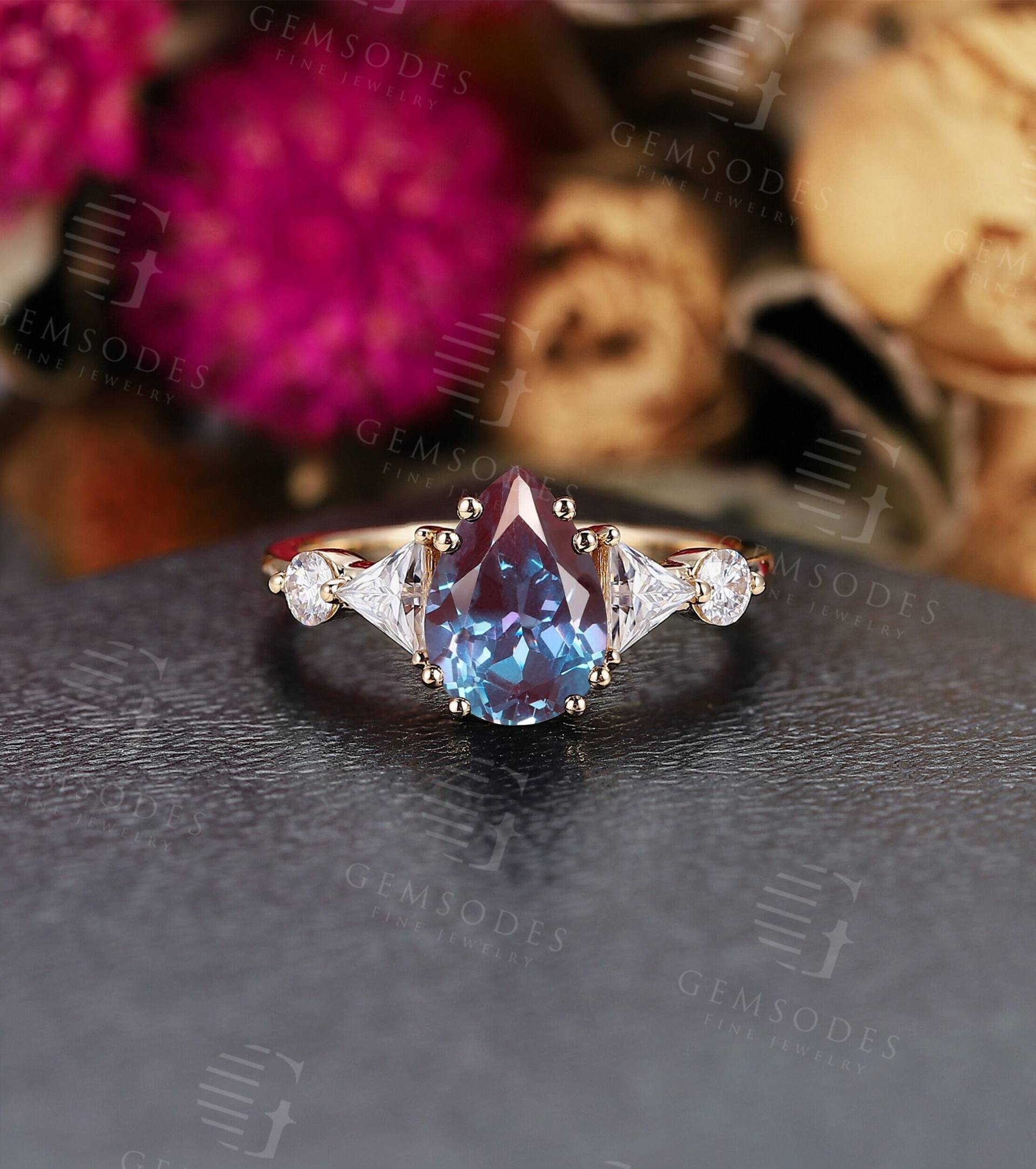 Vintage Alexandrit Verlobungsring Pear Cut Rose Gold Moissanite Diamant Ring Braut Art Deco Krappen Set Jubiläum Versprechen Ring von GemsOdes