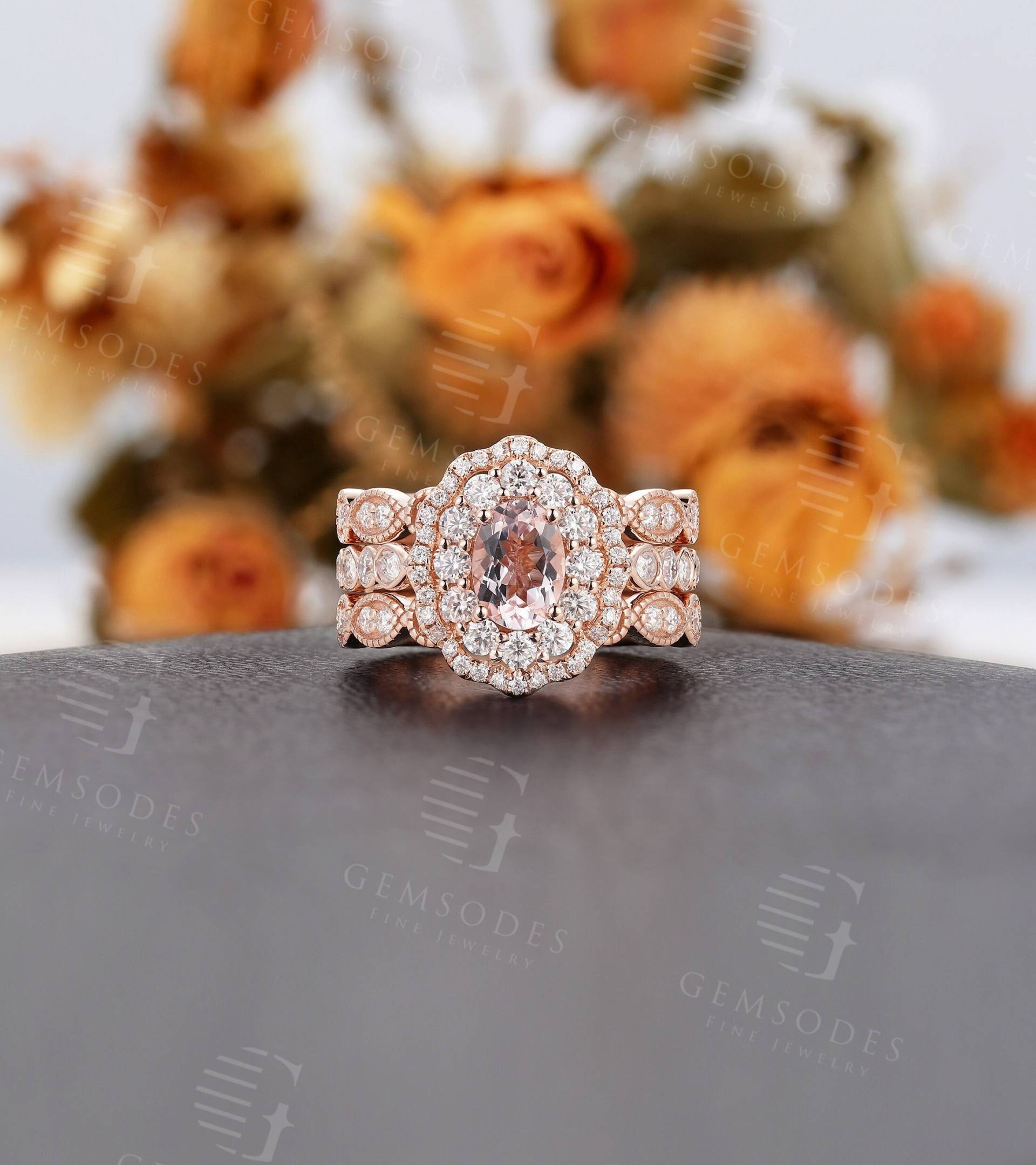 Vintage Heiligenschein Morganit Verlobungsring Set Art Deco Rose Gold Verstärker Hochzeit Antik Moissanite Milgrain Braut Ring Guard von GemsOdes