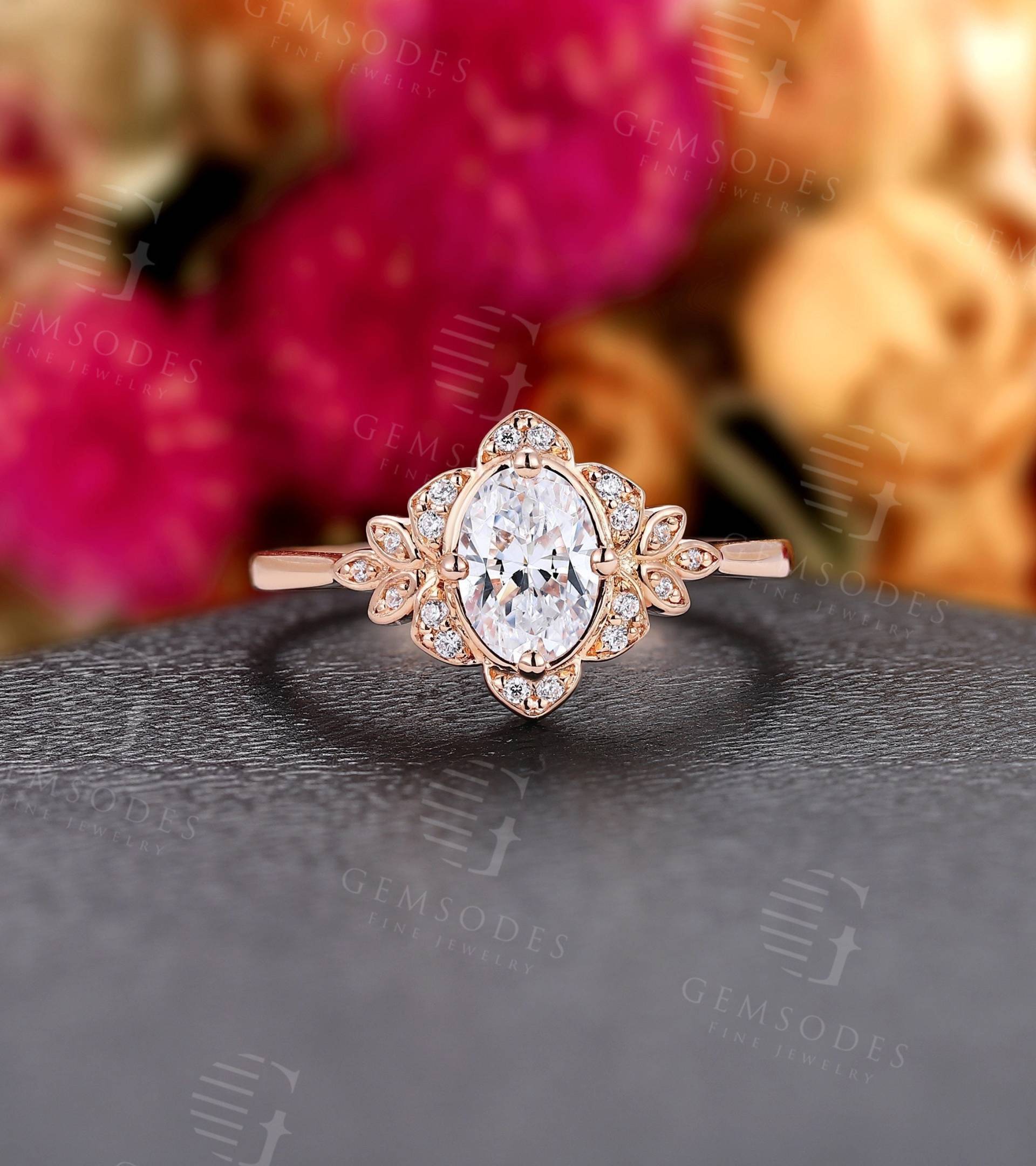 Vintage Moissanit Blatt Verlobungsring Rosegold Art Deco Diamant Ring Unikat Natur Floral Oval Jahrestag von GemsOdes