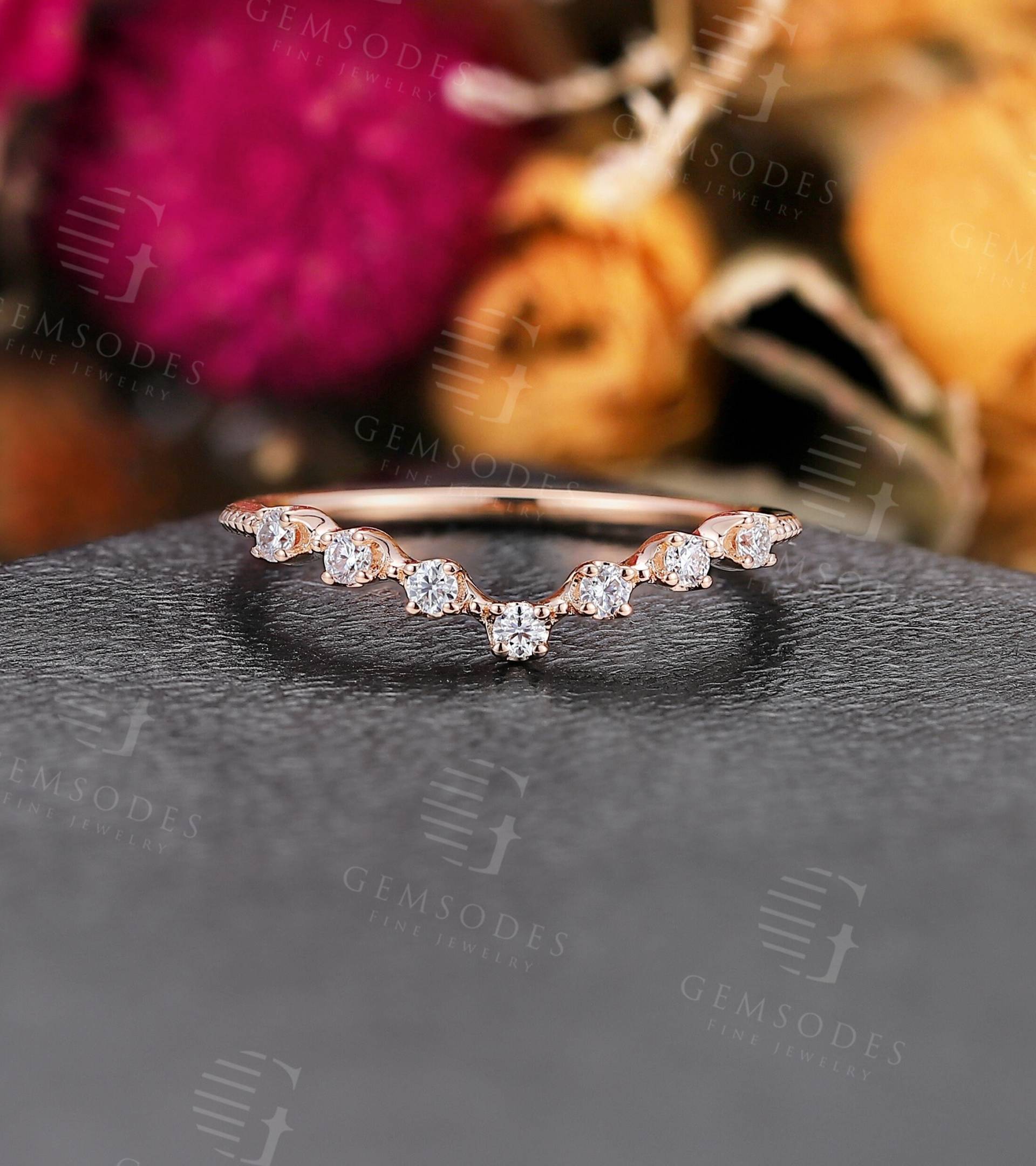 Vintage Moissanit Diamant Ehering Rose Gold Zacken Set Art Deco Braut Geschwungen Stapelband Jahrestag Versprechen Ring von GemsOdes