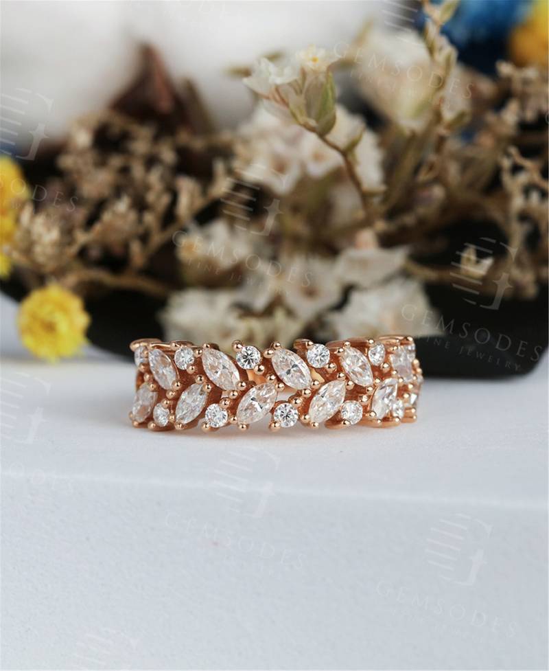 Vintage Moissanite Ehering Frauen Marquise Schnitt Cluster Ring Blattform Gelbgold Bandring Einzigartige Jubiläumsring von GemsOdes