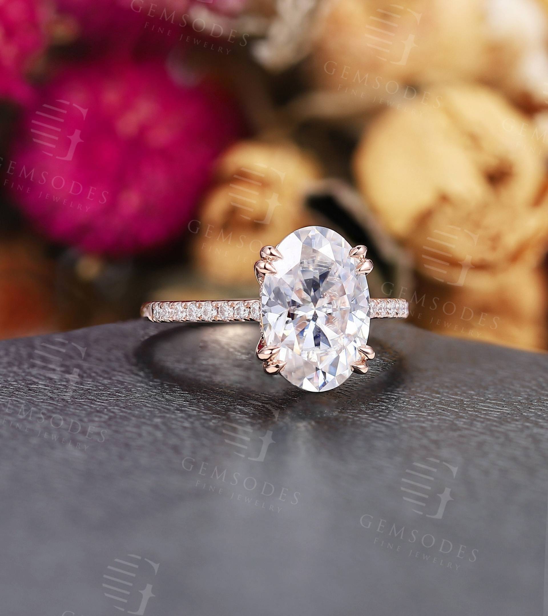 Vintage Moissanite Verlobungsring Ovalschliff Rose Gold Diamant Halb Eternity Ring Braut Art Deco Krappen Set Versprechen Jubiläumsring von GemsOdes