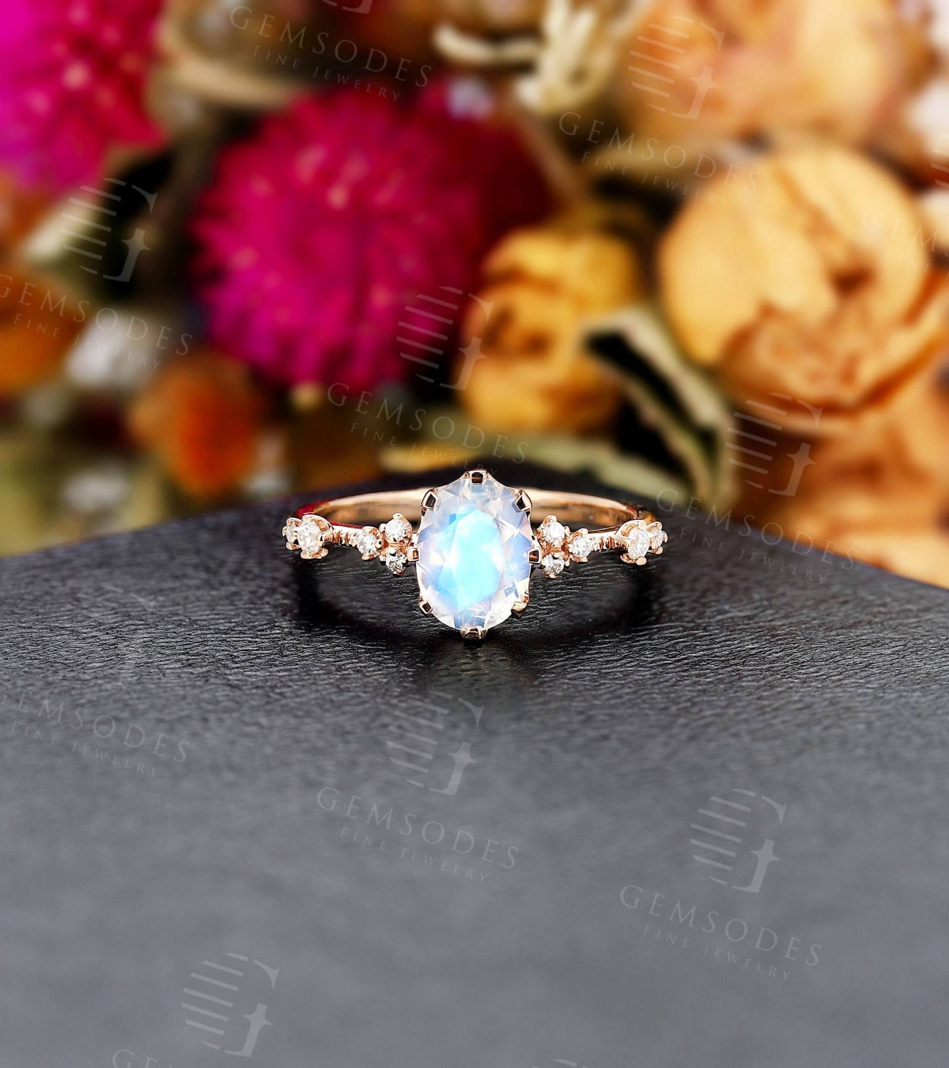 Vintage Mondstein Verlobungsring Roségold | Antike Ovale Form Ehering Art Deco Moissanite Brautring Versprechen Jahrestag Ring von GemsOdes