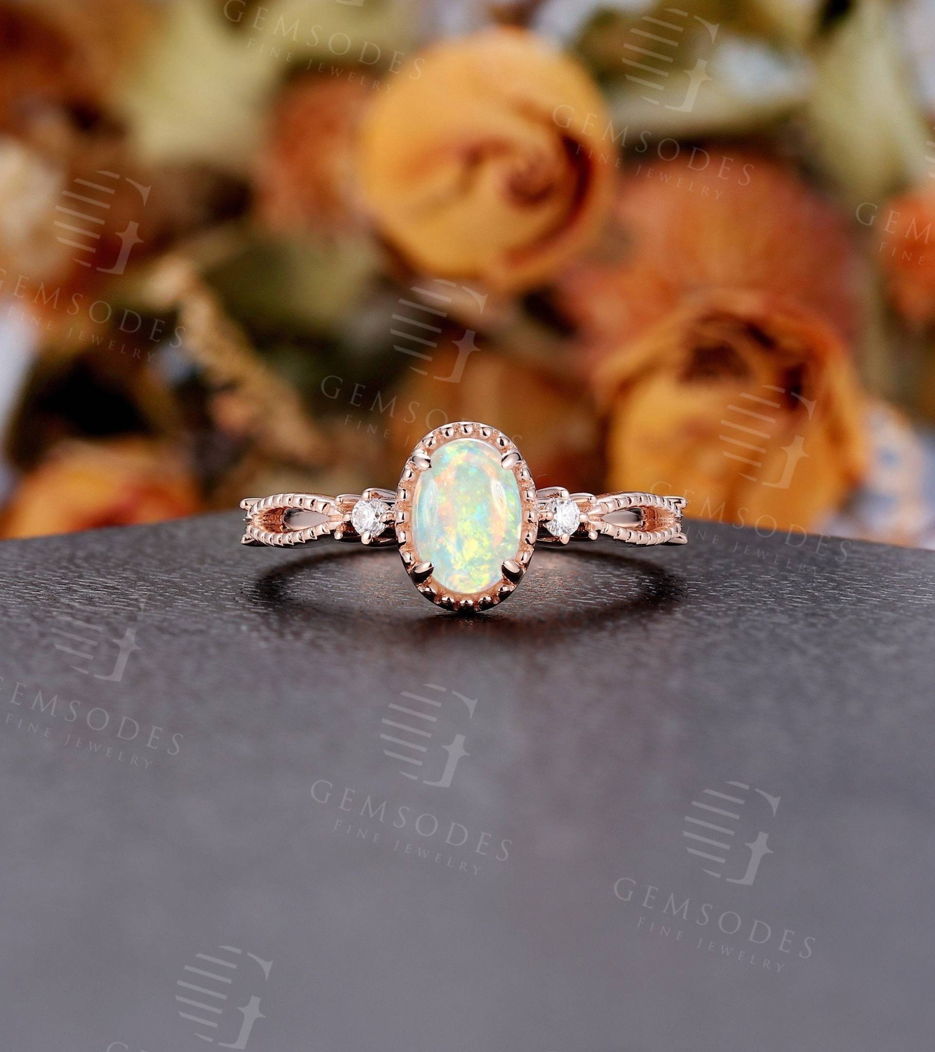 Vintage Natürlicher Opal Verlobungsring | Diamant Milgrain Roségold Ring Halbe Ewigkeit Ehering Jubiläums-Versprechensring Für Frauen von GemsOdes