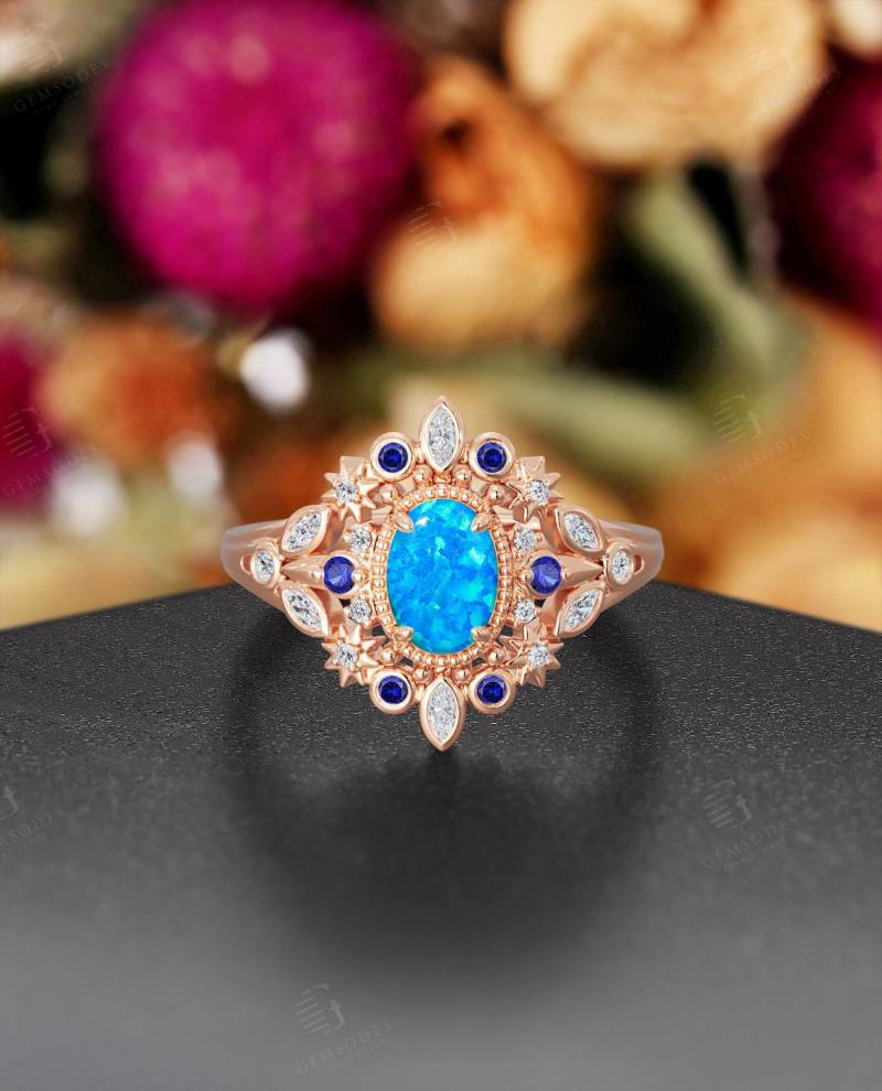 Vintage Oval Opal Verlobungsring, Art-Deco-Rosengold-Ehering, Antiker Stil Sternsaphir-Ehering, Versprechen Brautring Für Frauen von GemsOdes