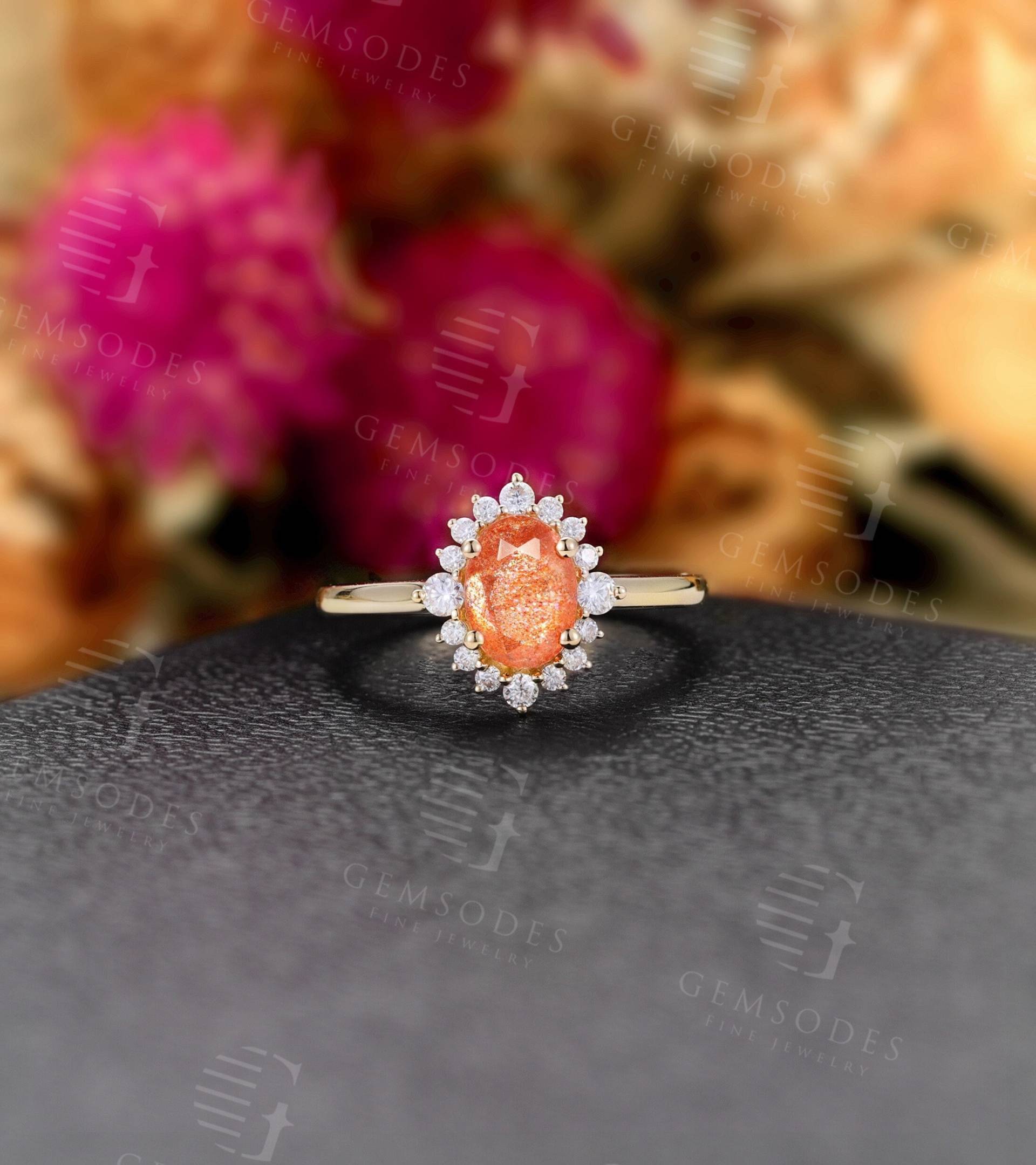 Vintage Ovaler Schliff Afrika Sonnenstein Verlobungsring | Roségold Ehering| Antiker Brautschmuck| Diamant/Moissanit Ring| Jubiläumsgeschenk von GemsOdes