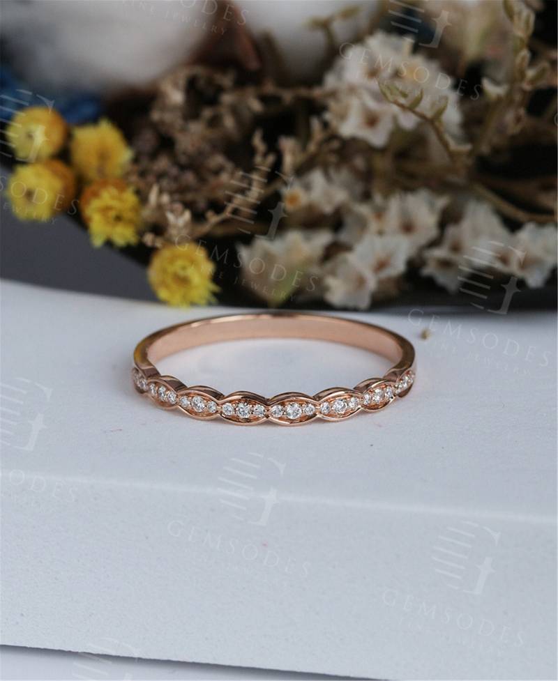 Vintage Rose Gold Hochzeit Band Frauen Diamant Ring Antique Braut Set Einzigartige Einfache Passende Stacking Jubiläum Versprechen von GemsOdes