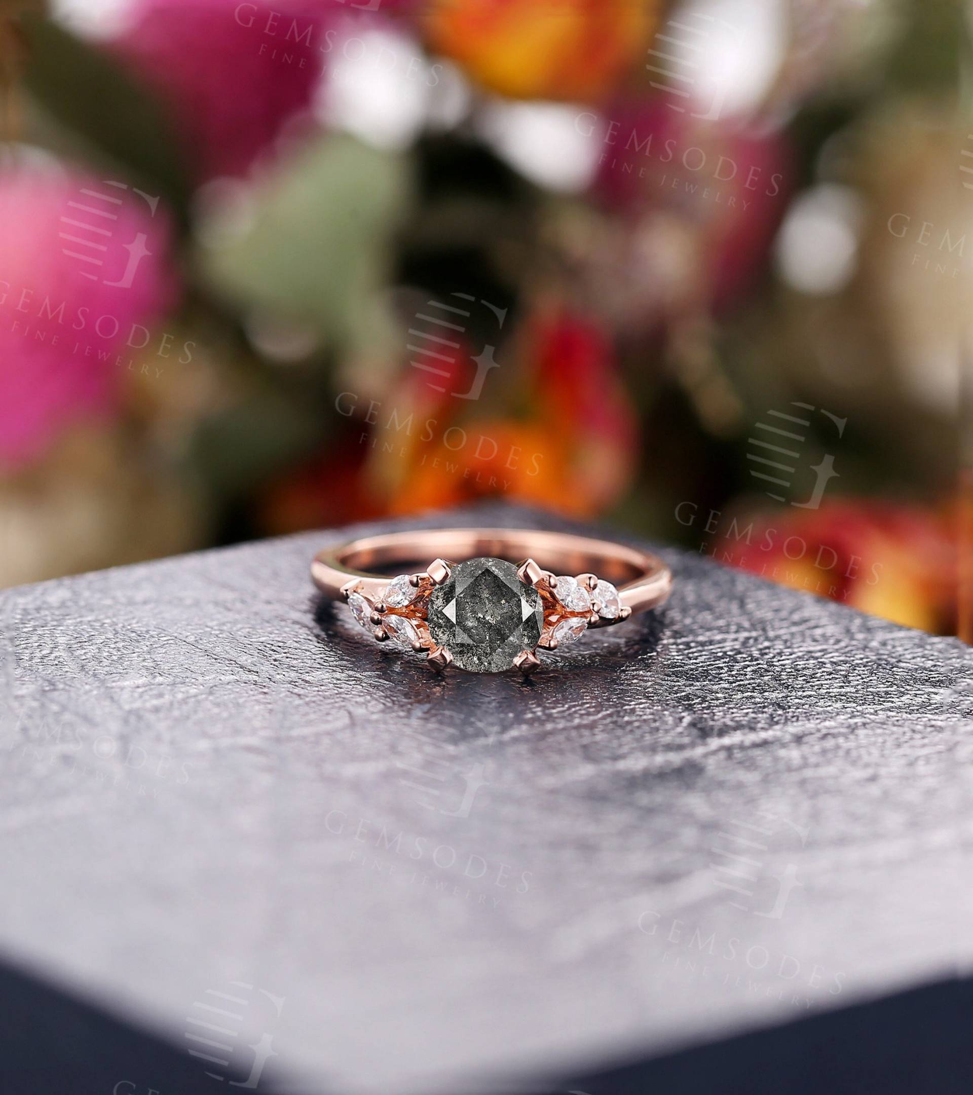 Vintage Salz Und Pfeffer Diamant Verlobungsring Rose Gold Marquise Schliff Ehering Moissanite Ring Cluster Blatt Jubiläum Braut von GemsOdes