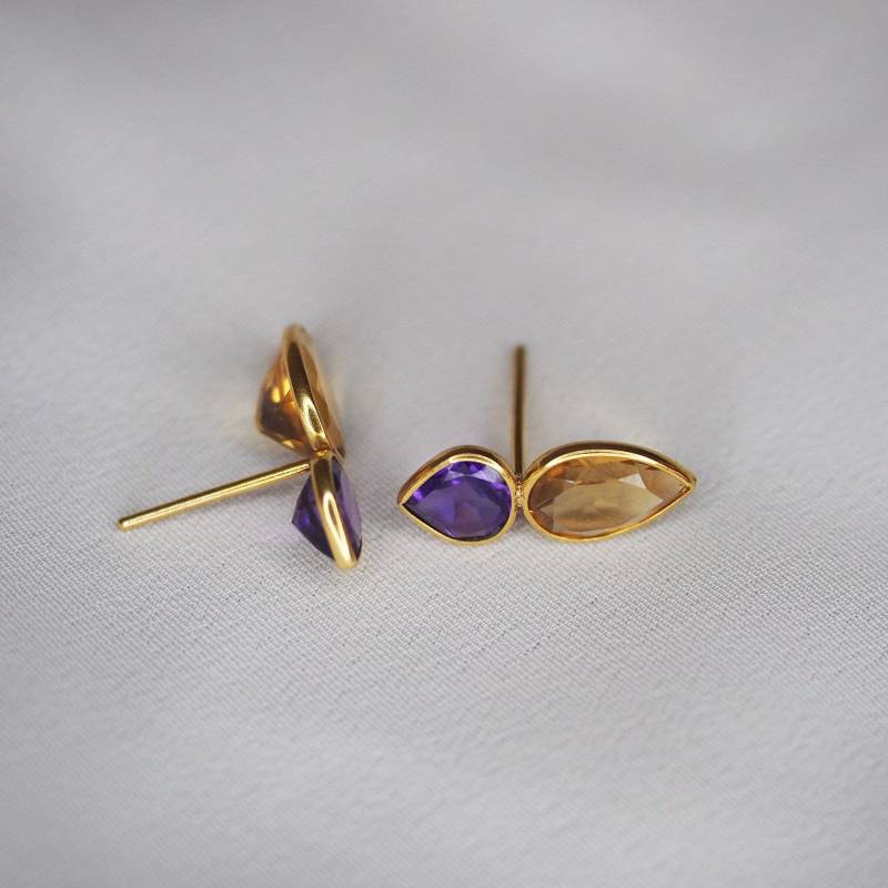 14Kt Gold Birne Amethyst Citrin Ohrringe Februar Geburtsstein von GemsbyRajasthan