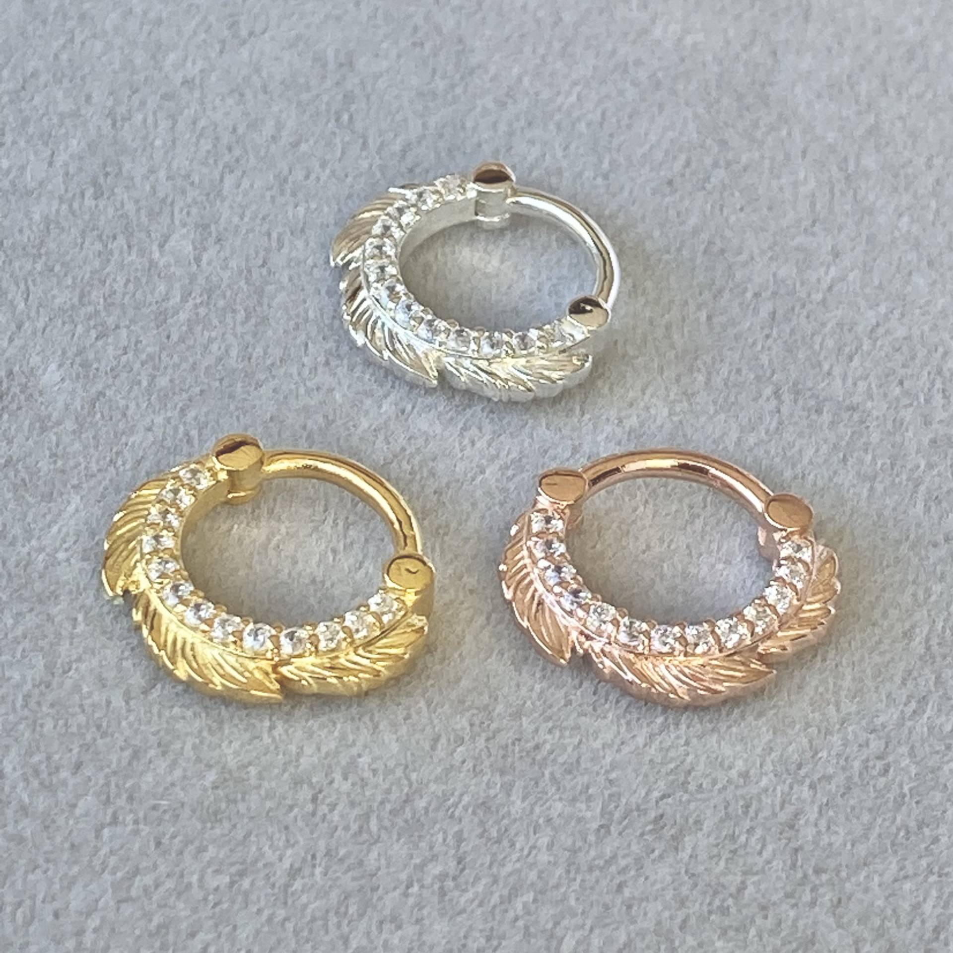 Feder Und Cz Diamant Clicker Ohrring Sterling Silber Da Septum Ring Daith Hoop Nasenring Ohr Piercing 8 Mm von GemsfieldShop