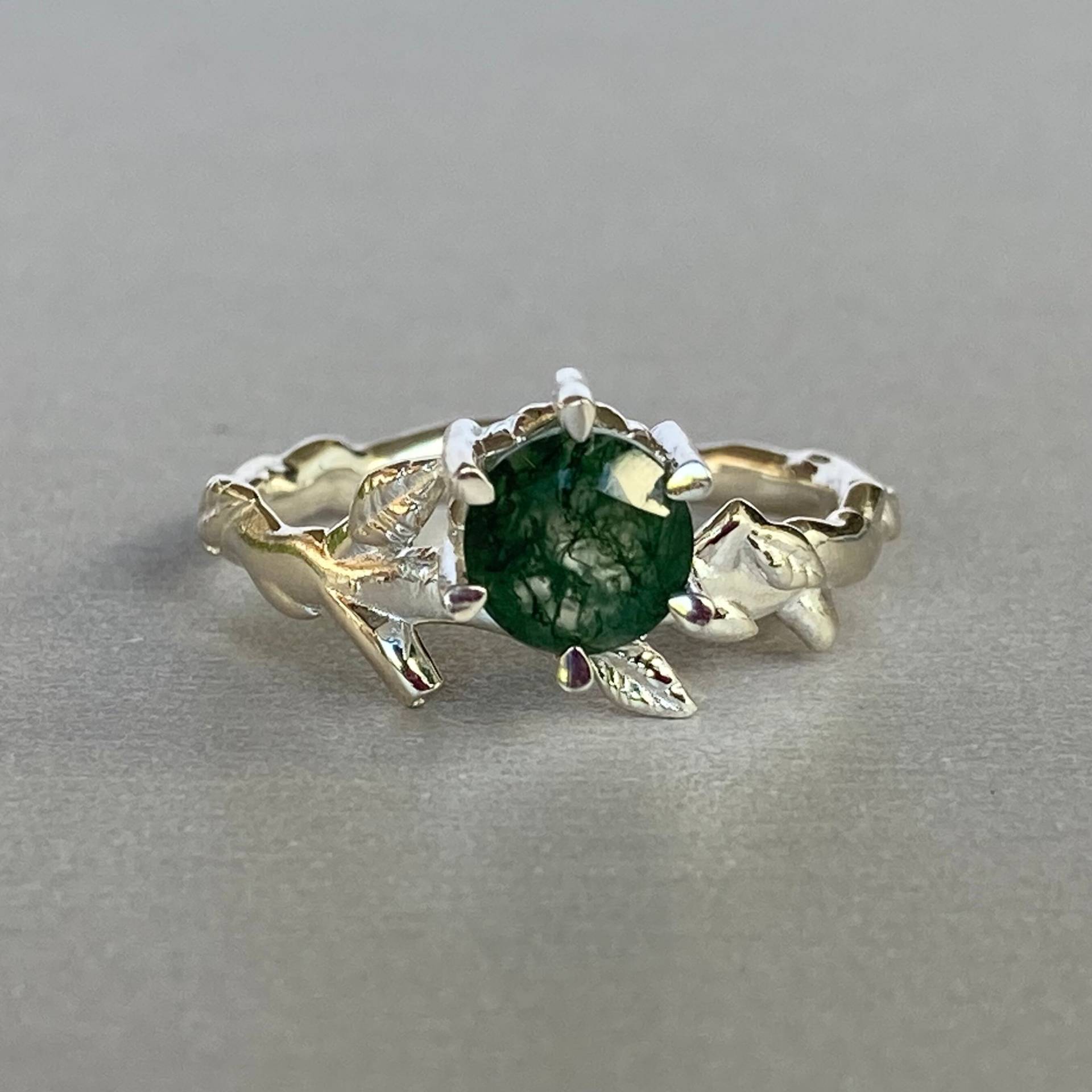 Silber Echter Grüner Moos Achat Ring Weinblatt Verlobungsring - Größe 7 Us 925 Sterling Zweig Frau Ehering von GemsfieldShop