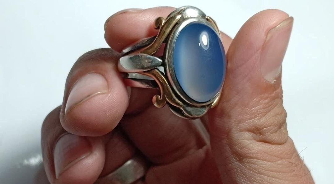Herren Natürlicher Blauer Achat Ring Massiv 925 Sterling Silber Handgefertigter Mann Echter Schmuck Blau Jemeni - Yamani Aqeeq Aqik von Gemsfromandromeda