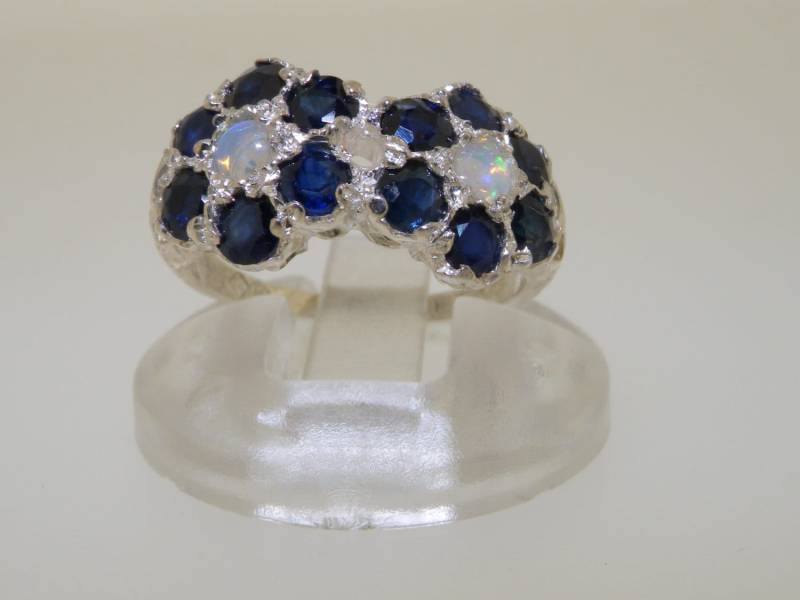 Sample Sale Us Größe 5 Uk Au J 1/2 Doppel Daisy Ring, Sterling Silber Bunter Opal & Dunkelblauer Saphir Schriftrolle Geschnitzt Zwei Blumen Ring Sample Sale Us Größe 5 Uk Au J 1/2 Doppel Daisy Ring, Sterling Silber Bunter Opal & Dunkelblauer Saphir Schriftrolle Geschnitzt Zwei Blumen Ring von GemsofLondon