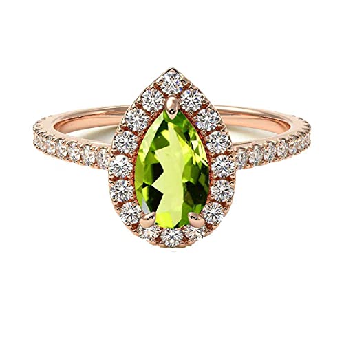 Gemsonclick Natural-Peridot Rose Gold Ring Birnenform Halo Letest Design Hochzeit Verlobung Handgefertigt und Modeschmuck 63 von Gemsonclick