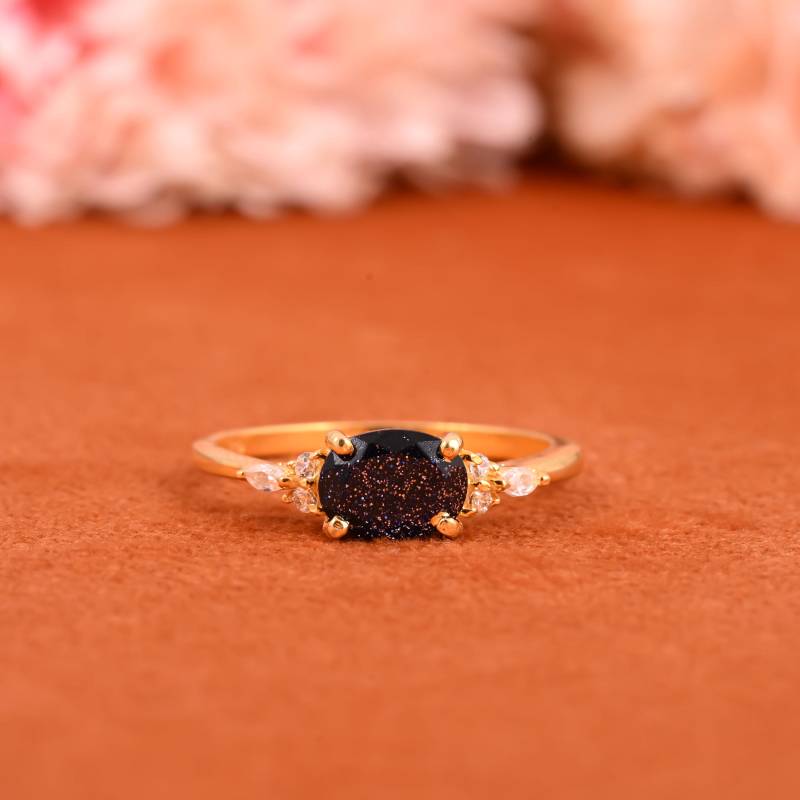 Blauer Sandstein Ring Gold Vermeil 925 Sterling Silber Oval Cut Solitär Geschenk Für Sie Verlobungsring Mutter von Gemsstudiobysunvesta