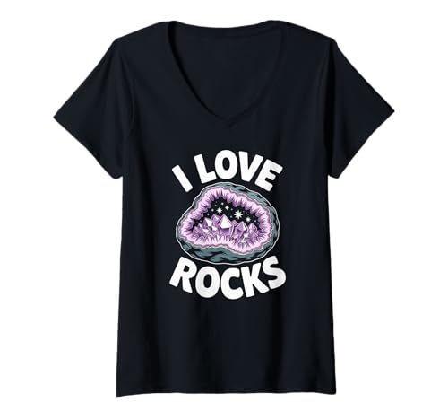 Damen Ich liebe Rocks Geode Crystal Lovers T-Shirt mit V-Ausschnitt Damen Ich liebe Rocks Geode Crystal Lovers T-Shirt mit V-Ausschnitt von Gemstone Enthusiast Geology Geode