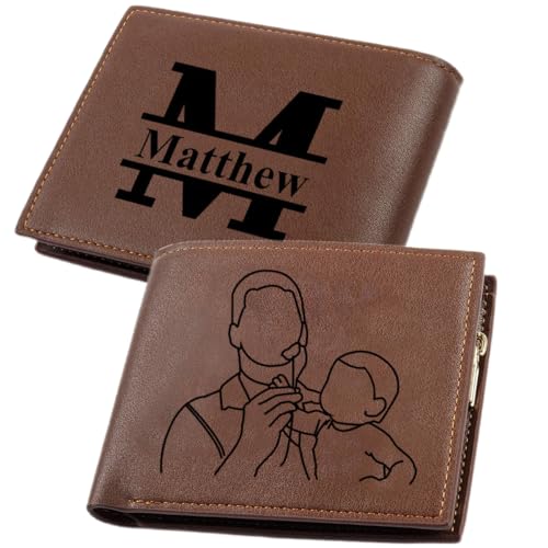 Gemszoo Personalisierte Brieftasche für Männer mit eingraviertem Foto-Monogramm-Namen, benutzerdefinierte Herren-Geldbörsen, Linienfigurenbild, Geldbörse, Bifold Leder Geldbörse für Vater, Vater, von Gemszoo