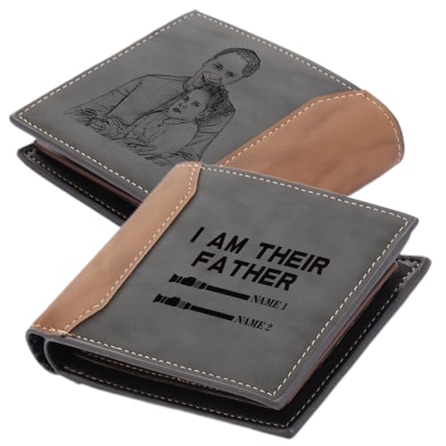 Gemszoo Personalisierte Foto-Brieftaschen für Männer mit Familienname, personalisierbar, graviert, 1-4 Namen, Bild für Herren, Geldbörse, Bifold, Leder, Geldbörsen für Vater Grandpa Geburtstag, grau, von Gemszoo