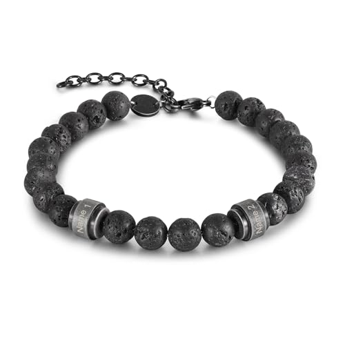 Gemszoo Personalisiertes Vulkangestein Lavastein-Armband Männer Benutzerdefinierte 2-5 Namen Herren Armband Retro Perlen Schwarz Energiestein Chakra Armbänder Geschenk Geburtstag Valentinstag von Gemszoo