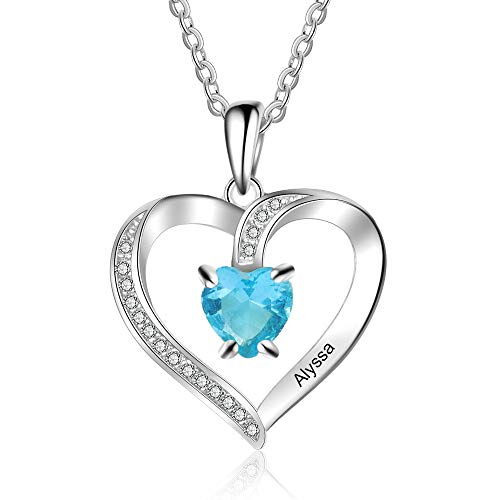 Personalisiert S925 Sterling Silber Liebe Herz Halskette zum Frauen 1 Geburtsstein Graviert Name Anhänger Halskette zum Mama Oma Mädchen Geburtstag Jahrestag Schmuck Geschenk Silber Golden Rose Gold von Gemszoo